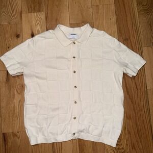 Old Navy Mens Beige Bottom Down Shirt Square Pattern Size Large Short Sleeve